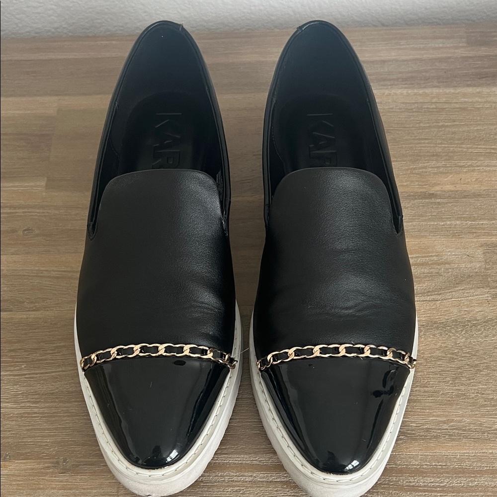 Karl Lagerfeld Black Leather & Patent Slip-On Loafers with Gold Chain